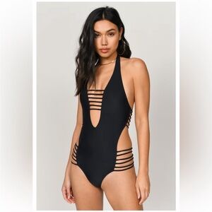 TOBI Black Strappy Cutout Halter One-Piece Swimsuit | Size Small